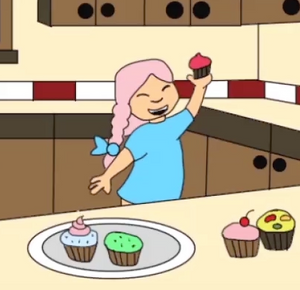 An animated cartoon of a girl making cupcakes